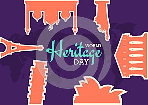 World Heritage Day poster with famous monuments illustration stickers, vector banner