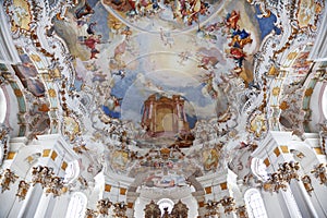 World heritage wall and ceiling frescoes of Wieskirche church in Bavaria