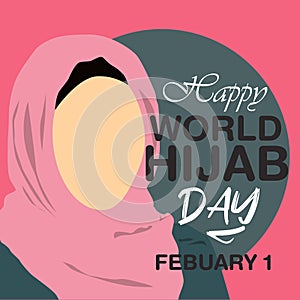 World Hijab Day Greetings banner. Pink hijab muslim women headcover Observed on the Febuary, 1