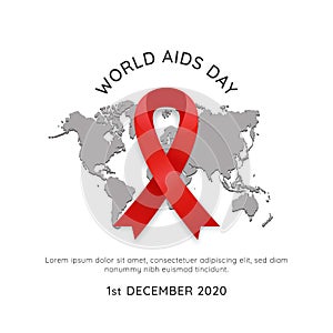 World hiv aids day 1 december event poster with world map and red ribbon vector simple illustration