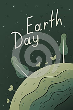 World holiday Earth Day vector banner. Green planet in space with stars, trees and plants.