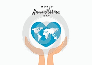 World humanitarian day background with handwritten text, world map in blue love heart symbol and opened han isolated on white