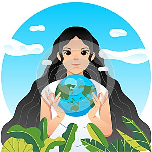 World humanitarian day campaign poster with women carriying globe and plants vector illustration
