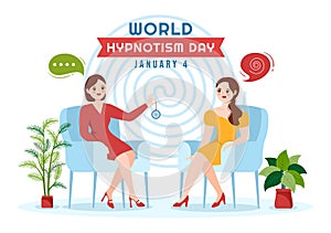 World Hypnotism Day with Black and White Spiral, Altered State of Mind, Hypnosis Treatment Service in Flat Cartoon Illustration