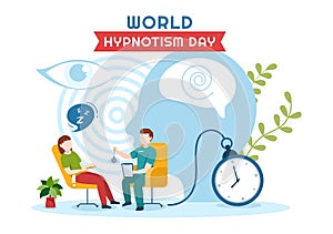 World Hypnotism Day with Black and White Spiral, Altered State of Mind, Hypnosis Treatment Service in Flat Cartoon Illustration