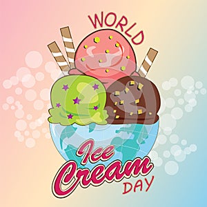 World ice cream day. Ice cream scoops melting in waffle cones. Vector typographic style illustration for text design shop and logo