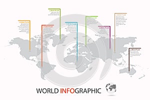 World infographic template. World map with marker on each continent