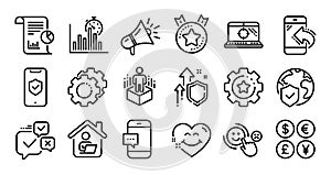 World insurance, Settings gear and Seo laptop line icons set. Vector