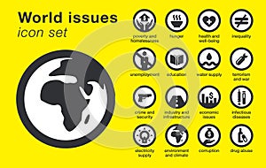 World issues icons set. Sustainability problems
