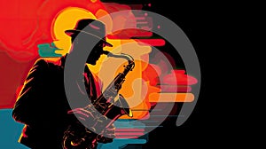 the World Jazz Festival with a dynamic photograph of a saxophonist musician passionately playing the saxophone on stage