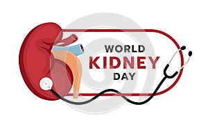 World kidney day banner - kidney sign on rounded frameand with stethoscope wrapped around vecter design