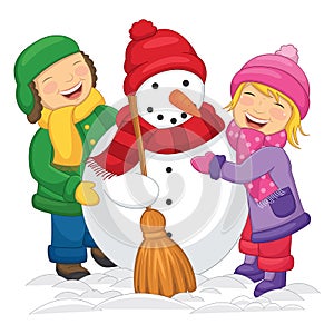 Vector Illustration Of Kids Making Snowman