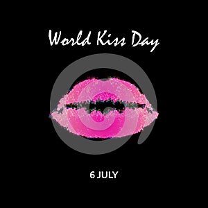 World Kiss Day. 6 July. Watercolor pink lips. Imprint of lips and kiss. Print. Vector illustration on a black background