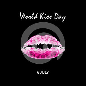 World Kiss Day. 6 July. Watercolor pink lips. Imprint of lips and kiss. Print. Vector illustration on a black background