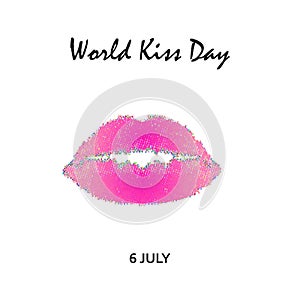 World Kiss Day. 6 July. Watercolor pink lips. Imprint of lips and kiss. Print. Vector illustration on isolated background.