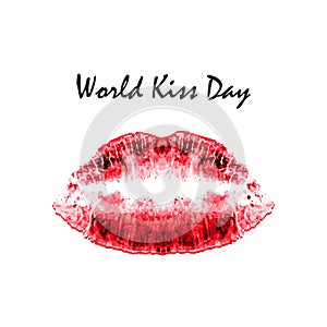 World Kiss Day. 6 July. Watercolor red lips. Imprint of lips and kiss. Print. Vector illustration on isolated background