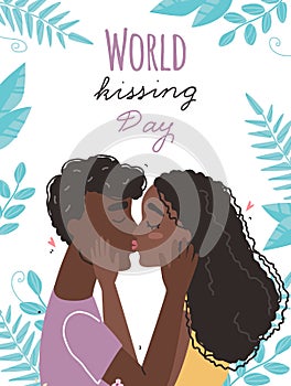 World kissing Day. Romantic black african american couple in love kissing