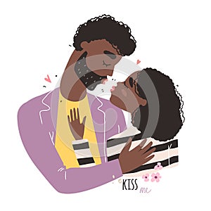 World kissing Day. Romantic black african american couple in love kissing.