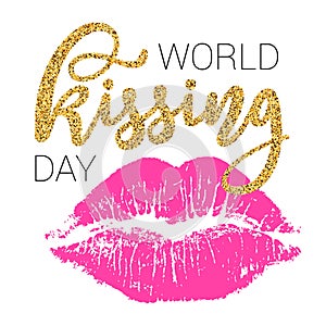 World kissing day vector card with pink lip imprint and lettering