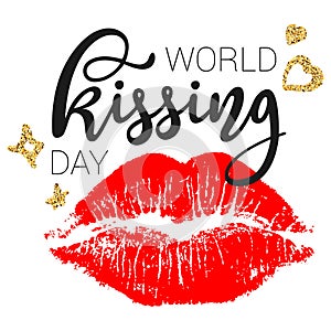 World kissing day vector card with red lip imprint and lettering