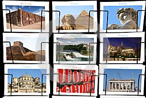 World Landmark collage in postcard stand format