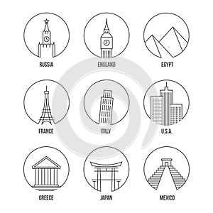 World landmark line art icons set