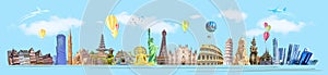 World landmarks and famous monuments collage isolated on blue background