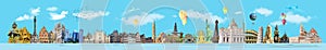 World landmarks and famous monuments collage isolated on blue background