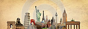 World landmarks and famous monuments collage isolated on panoramic vintage texture background