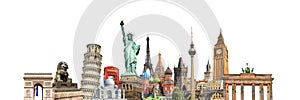 World landmarks and famous monuments collage isolated on white background photo