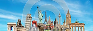 World landmarks and famous monuments panoramic collage on sky background