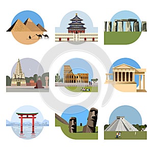 World landmarks flat icon set