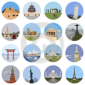 World landmarks flat icon set