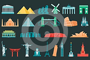 World landmarks flat icon set. Travel and Tourism. Vector