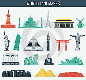 World landmarks flat icon set. Travel and Tourism. Vector