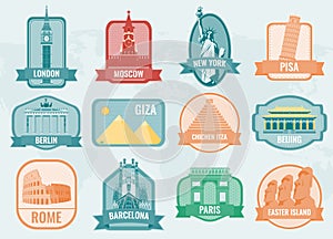 World landmarks flat icon set. Travel and Tourism. Vector