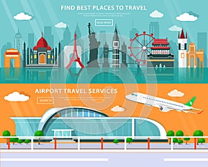 World landmarks, places to travel and airport travel service set with flat elements vector illustration