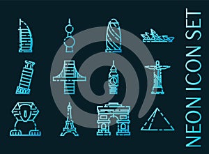 World landmarks set icons. Blue neon style.