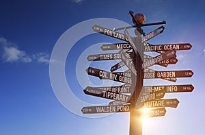 World Landmarks Signpost glowing sun, blue sky and free copy space