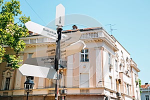 World Landmarks signpost at old town in Belgrade, Serbia