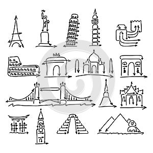 World landmarks signs set made from arrow vector illustration sketch doodle hand drawn with black lines isolated on white