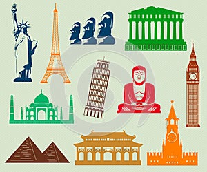 World landmarks silhouettes elements set. Vector