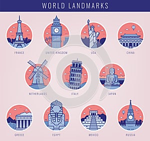 World landmarks. Travel and Tourism. Landmarks icons set. Vector