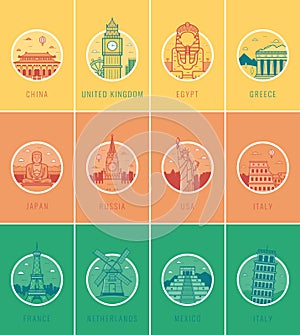 World landmarks. Travel and Tourism. Landmarks icons set. Vector