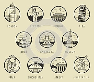 World landmarks. Travel and Tourism. Landmarks icons set. Vector