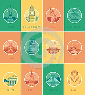 World landmarks. Travel and Tourism. Landmarks icons set. Vector