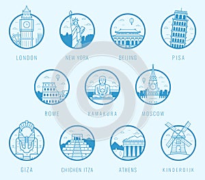 World landmarks. Travel and Tourism. Landmarks icons set. Vector