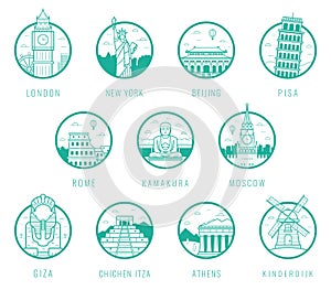 World landmarks. Travel and Tourism. Landmarks icons set. Vector