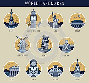 World landmarks. Travel and Tourism. Landmarks icons set. Vector