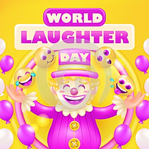 World laughter day. 3d vector clown with balloon ornament and happy emoticon